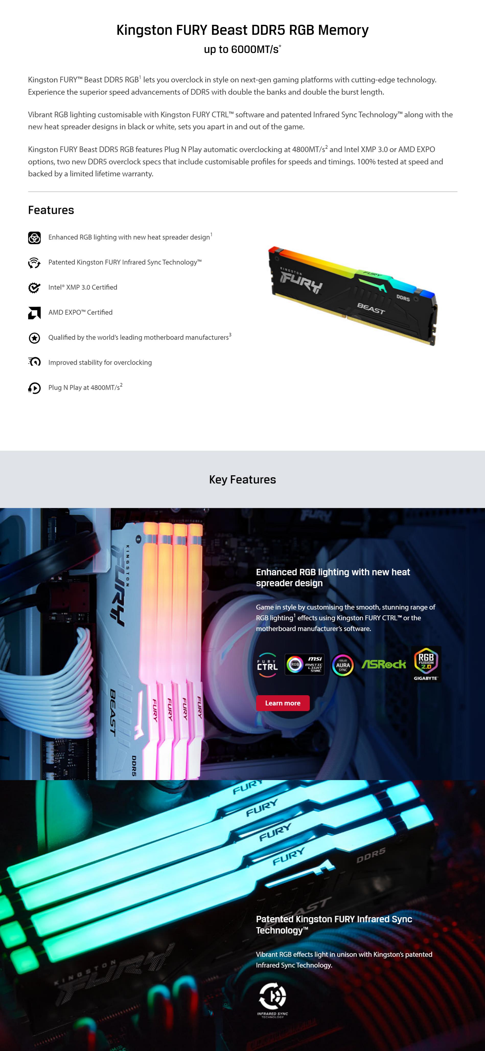A large marketing image providing additional information about the product Kingston 64GB Kit (2x32GB) DDR5 Fury Beast RGB AMD EXPO C36 6000MHz - White - Additional alt info not provided
