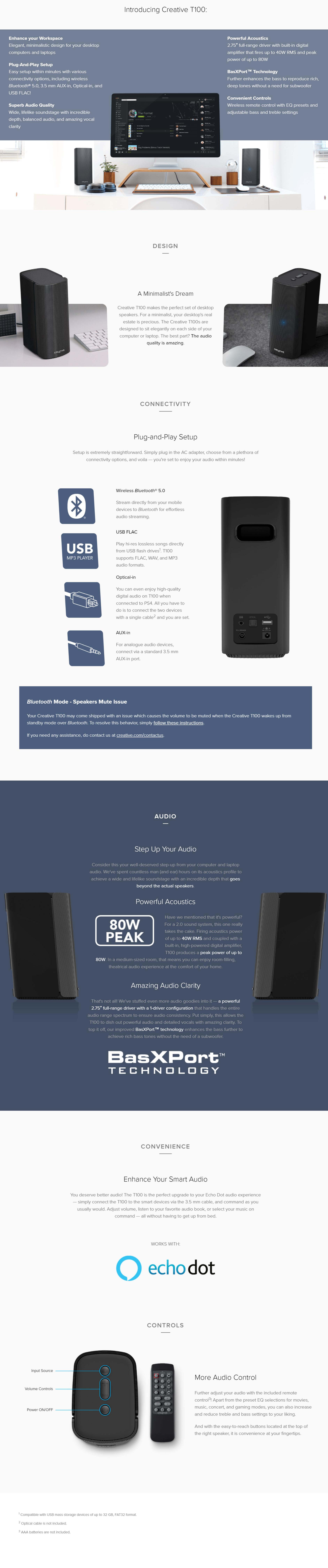 A large marketing image providing additional information about the product Creative T100 Compact Hi-Fi 2.0 Bluetooth Speakers - Additional alt info not provided