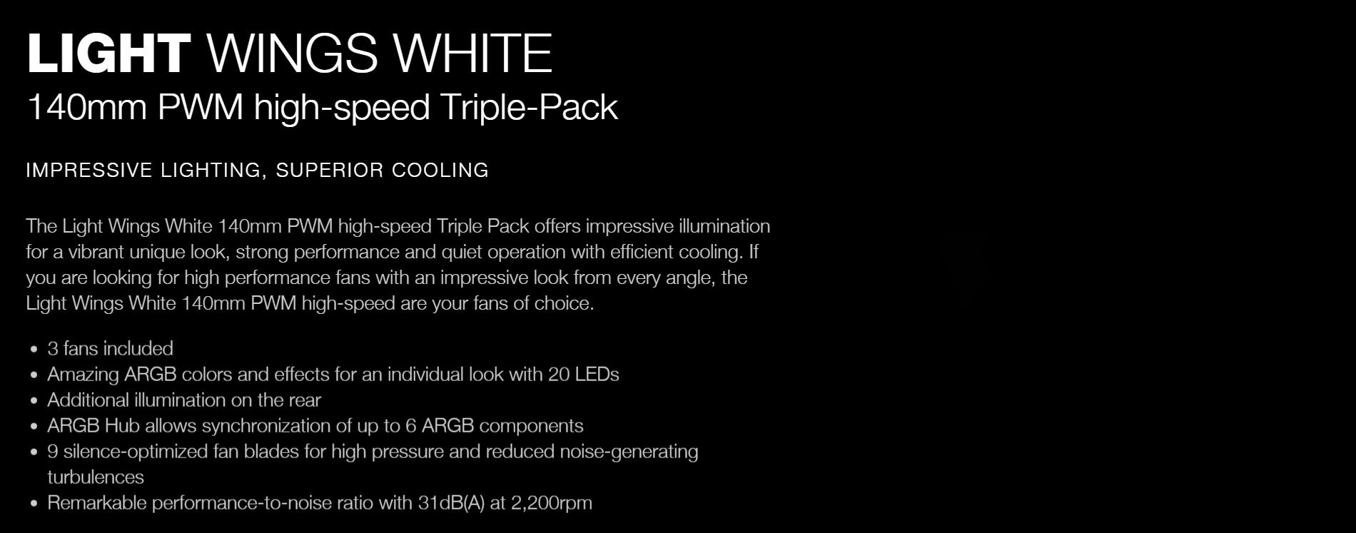 A large marketing image providing additional information about the product be quiet! Light Wings High-Speed 140mm PWM Fan Triple Pack - White - Additional alt info not provided