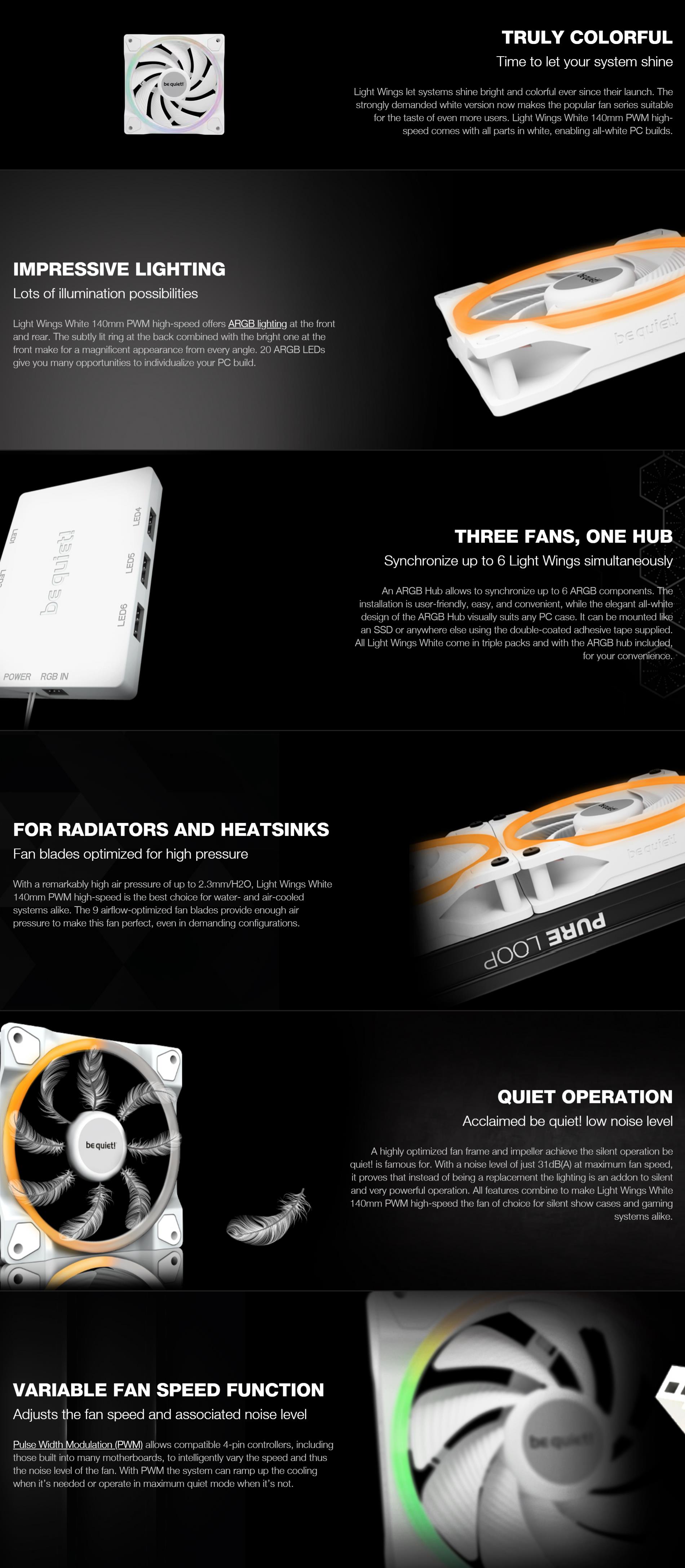 A large marketing image providing additional information about the product be quiet! Light Wings High-Speed 140mm PWM Fan Triple Pack - White - Additional alt info not provided