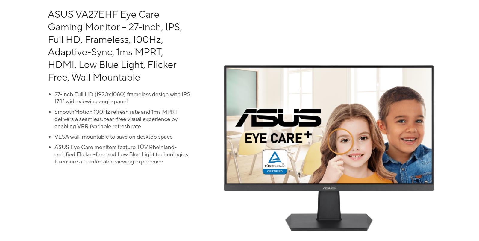 A large marketing image providing additional information about the product ASUS VA27EHF 27" FHD AdaptiveSync 100Hz 1MS IPS W-LED Gaming Monitor - Additional alt info not provided