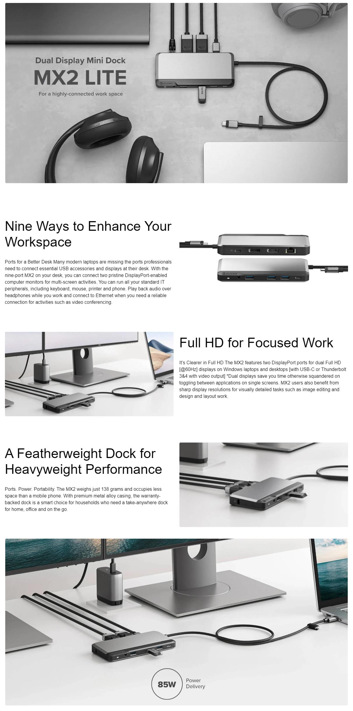 A large marketing image providing additional information about the product ALOGIC MX2 Lite USB-C Dual Display Dock - DisplayPort Edition - Additional alt info not provided