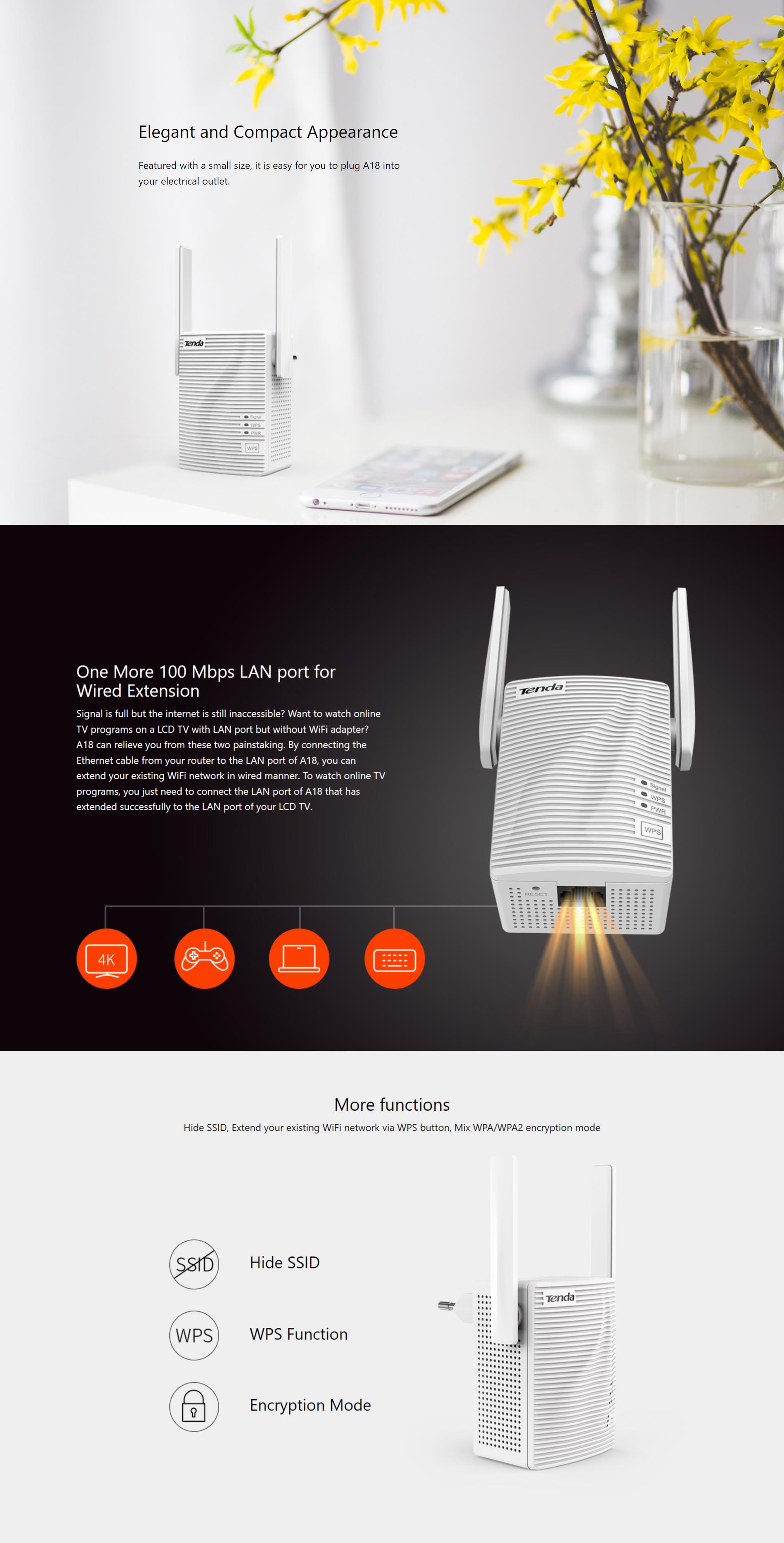 A large marketing image providing additional information about the product Tenda A18 v3.0 AC1200 Dual Band Wi-Fi Range Extender - Additional alt info not provided