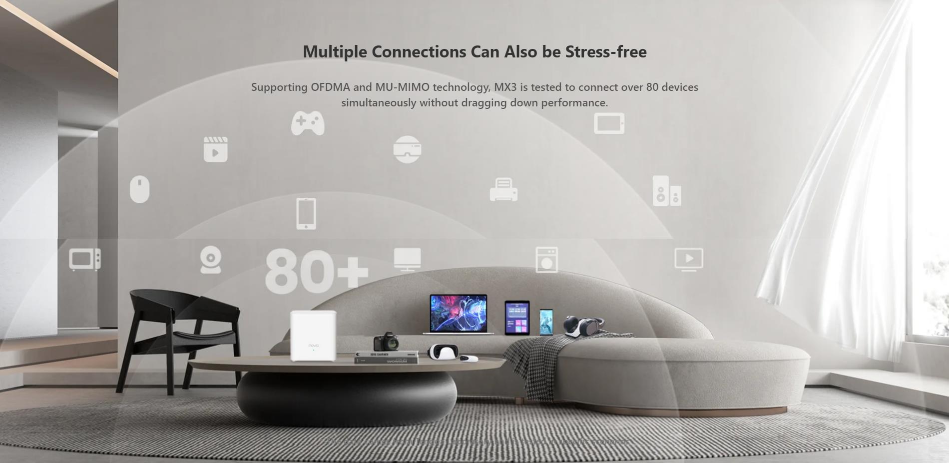 A large marketing image providing additional information about the product Tenda Nova MX3 AX1500 Whole Home Mesh Wi-Fi 6 System - 3-Pack - Additional alt info not provided