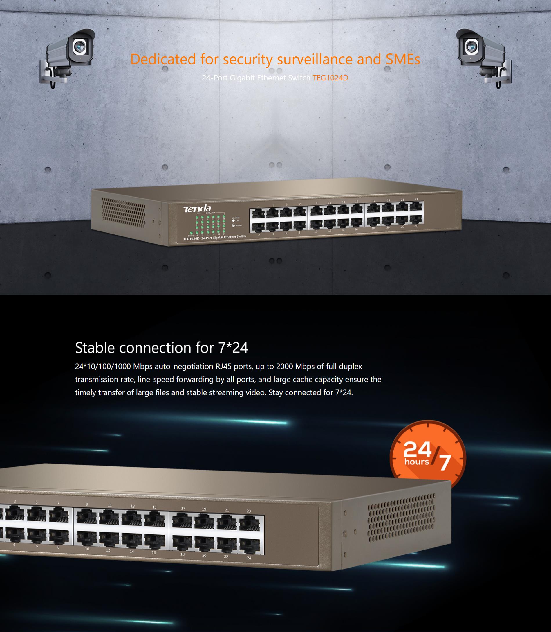 A large marketing image providing additional information about the product Tenda TEG1024D 24-Port Gigabit Ethernet Switch - Additional alt info not provided