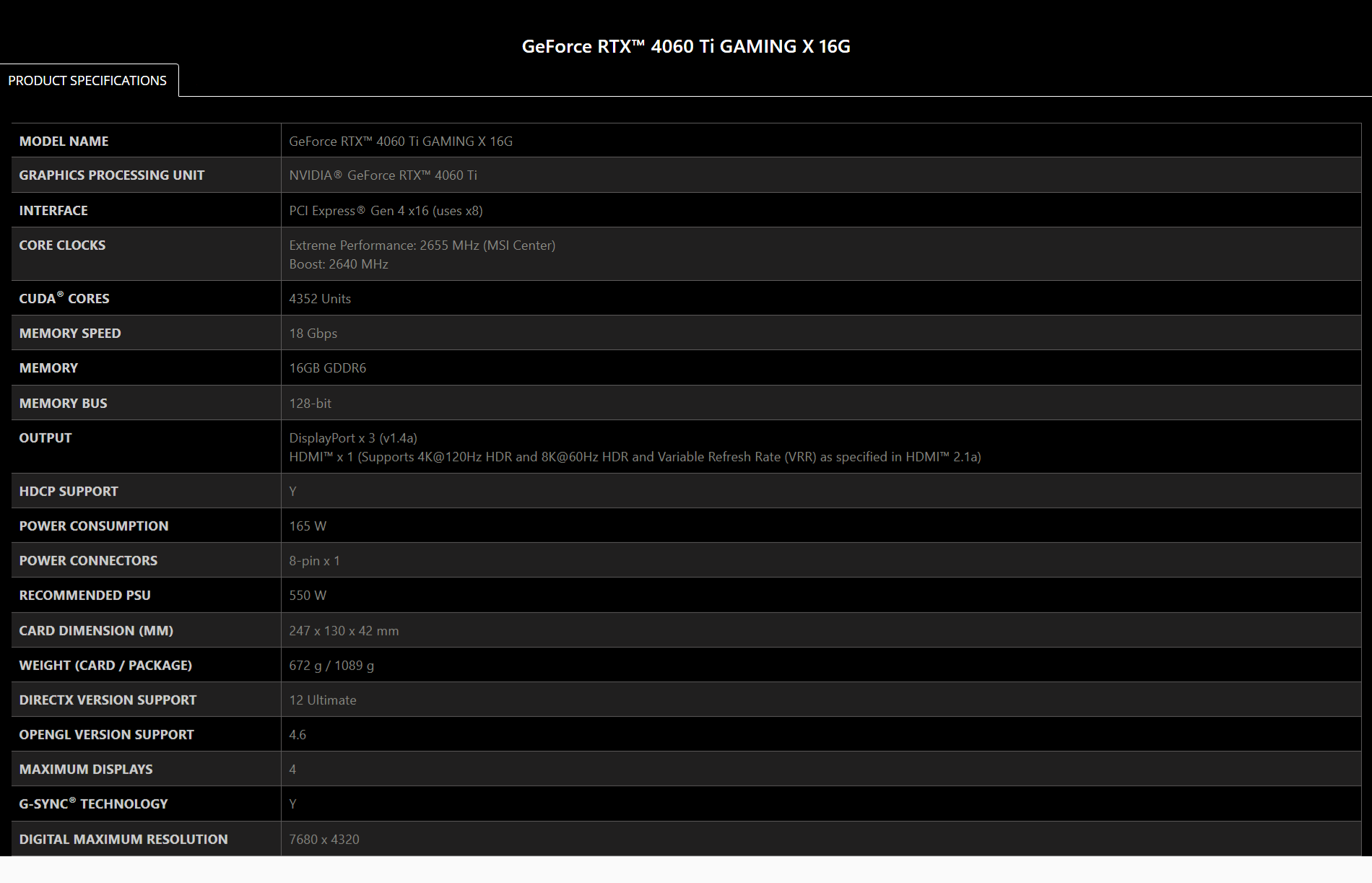 MSI Gaming GeForce RTX 4060 Ti 16GB GDDR6 PCI Express 4.0 x16 ATX Video  Card RTX 4060 TI GAMING X 16G 