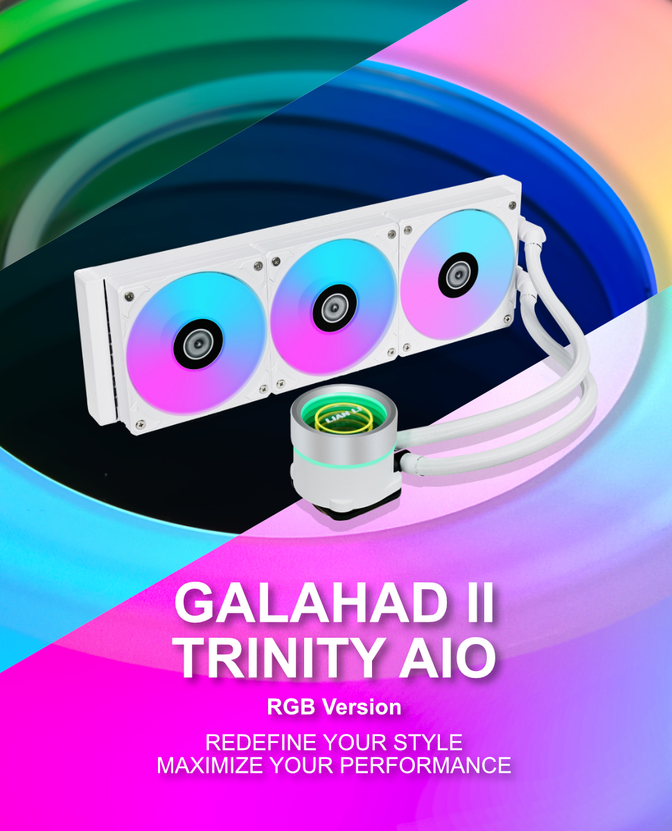 A large marketing image providing additional information about the product Lian Li Galahad II Trinity 240 RGB 240mm AIO Liquid CPU Cooler - White - Additional alt info not provided