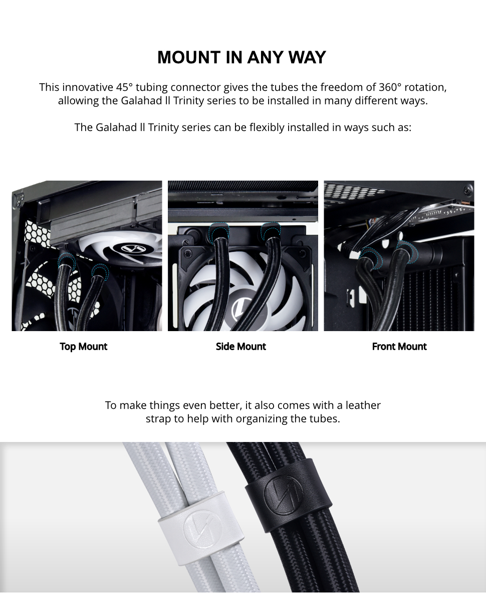 A large marketing image providing additional information about the product Lian Li Galahad II Trinity 360 RGB 360mm AIO Liquid CPU Cooler – Black - Additional alt info not provided