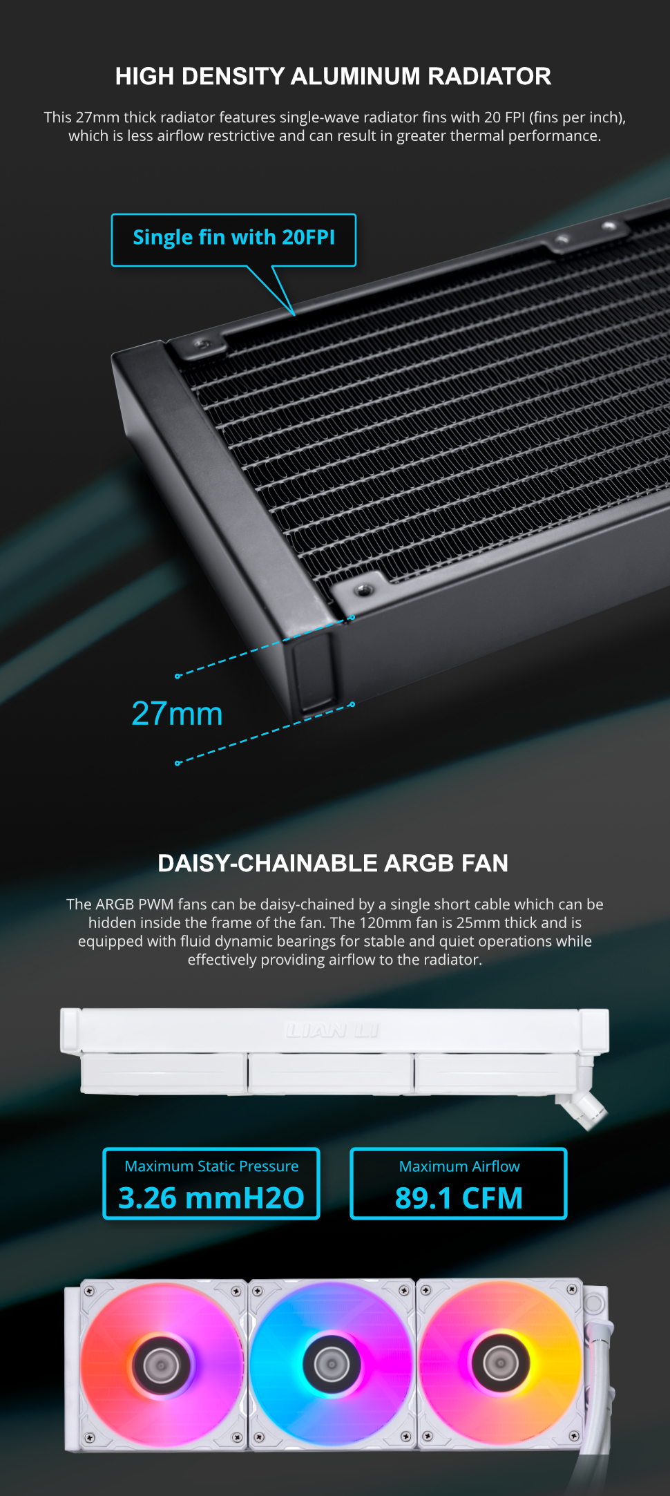 A large marketing image providing additional information about the product Lian Li Galahad II Trinity 360 RGB 360mm AIO Liquid CPU Cooler - White - Additional alt info not provided