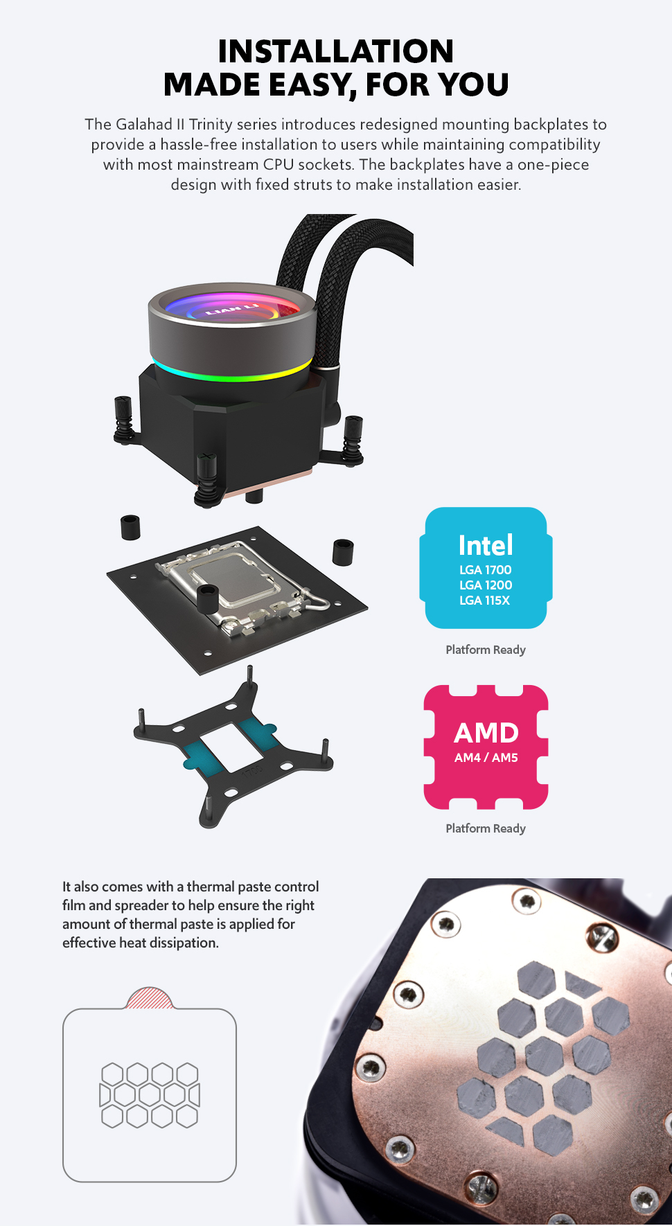A large marketing image providing additional information about the product Lian Li Galahad II Trinity 360 Performance 360mm AIO Liquid CPU Cooler - Black - Additional alt info not provided