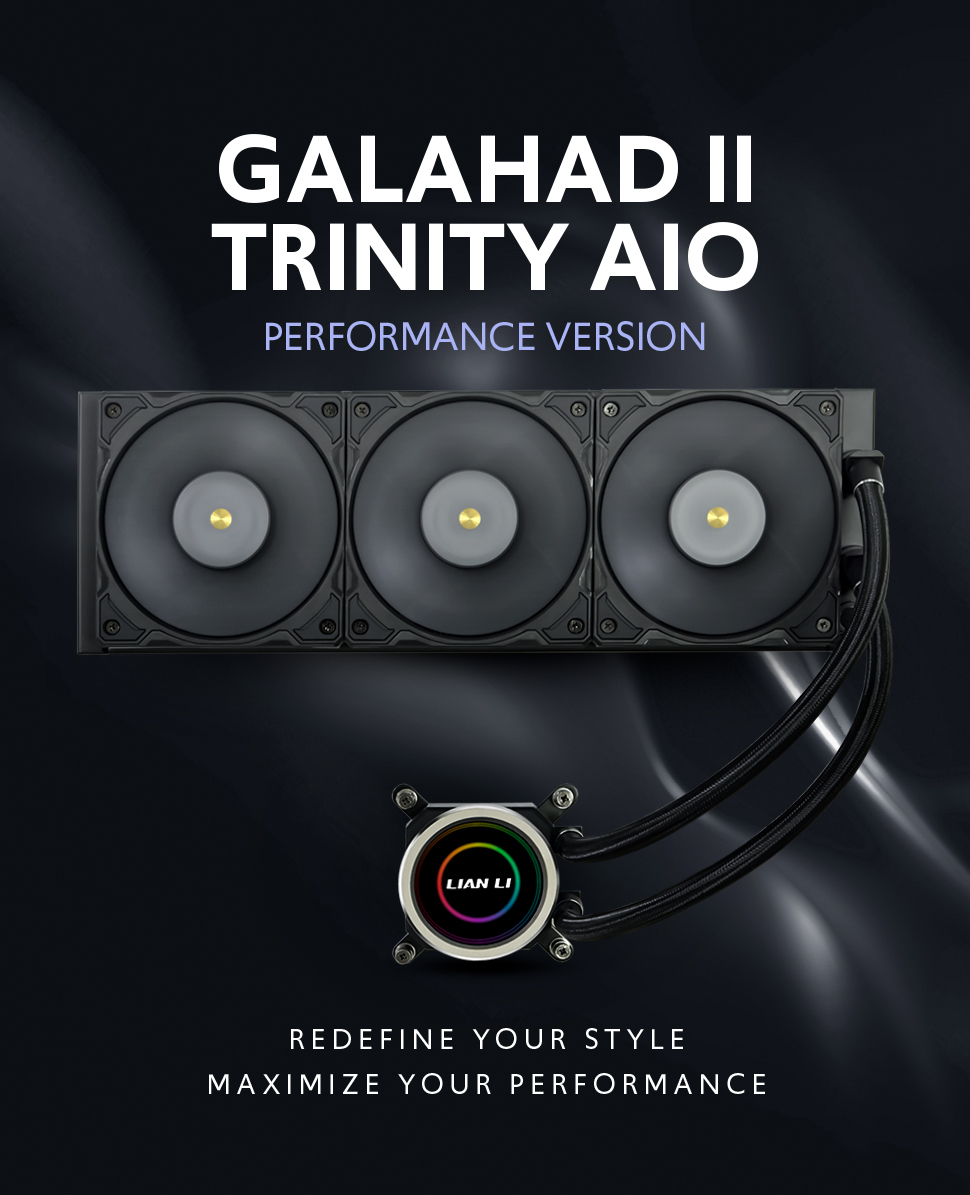 A large marketing image providing additional information about the product Lian Li Galahad II Trinity 360 Performance 360mm AIO Liquid CPU Cooler - White - Additional alt info not provided