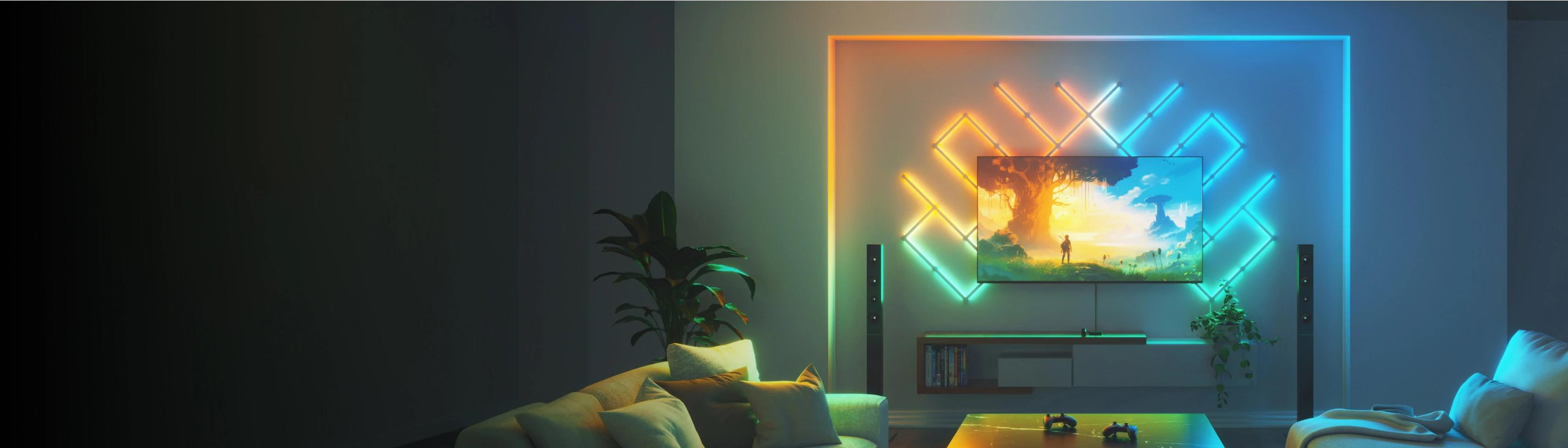 A large marketing image providing additional information about the product Nanoleaf 4D Screen Mirror + Lightstrip Kit (TVs & Monitors Up To 65″) - 4 Metres - Additional alt info not provided