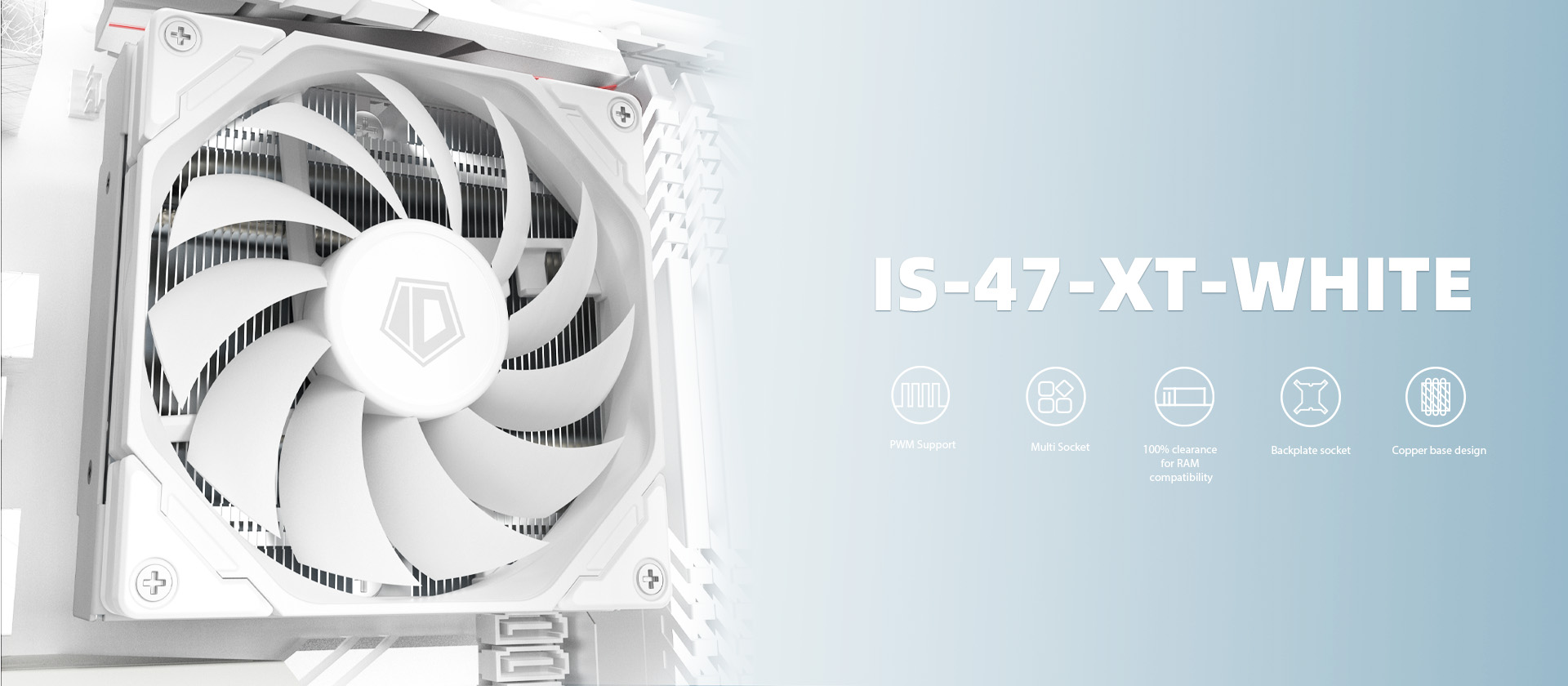 A large marketing image providing additional information about the product ID-COOLING Iceland Series IS-47-XT Low Profile CPU Cooler - White - Additional alt info not provided