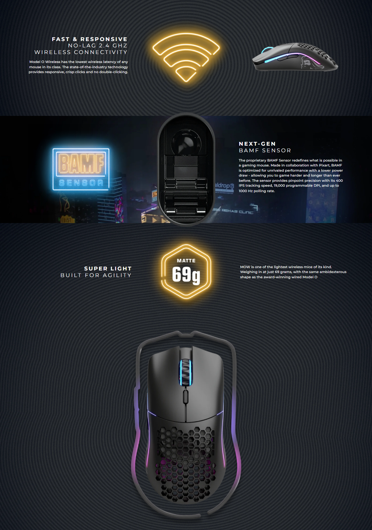 Glorious Gaming Model O Wireless Gaming Mouse - Superlight, 69g Honeycomb  Design, RGB, Ambidextrous, Lag Free 2.4GHz Wireless, Up to 71 Hours Battery