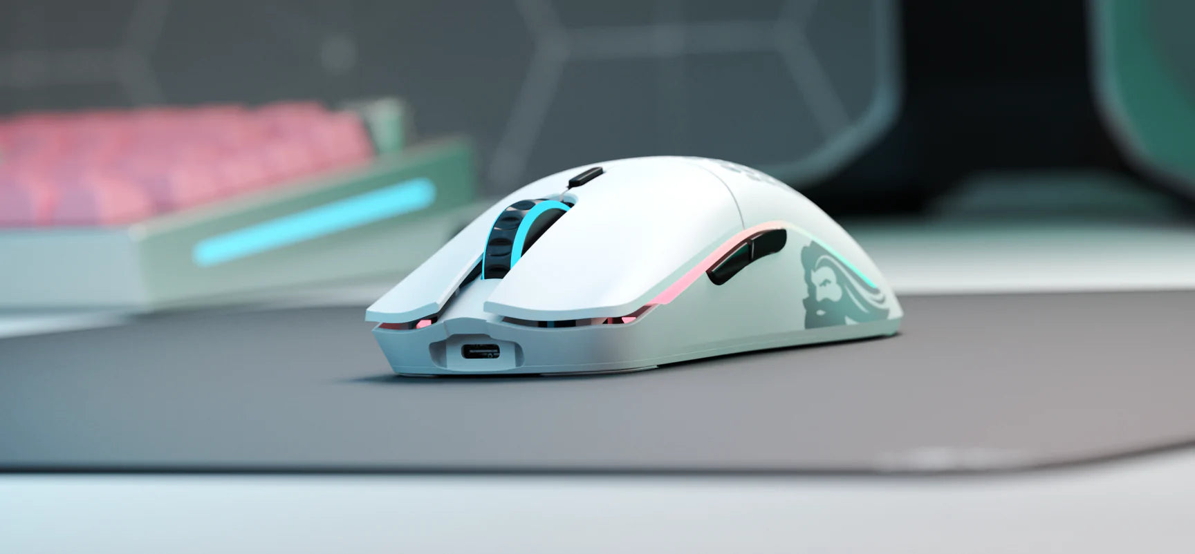 A large marketing image providing additional information about the product Glorious Model O Minus Ambidextrous Wireless Gaming Mouse - Matte White - Additional alt info not provided