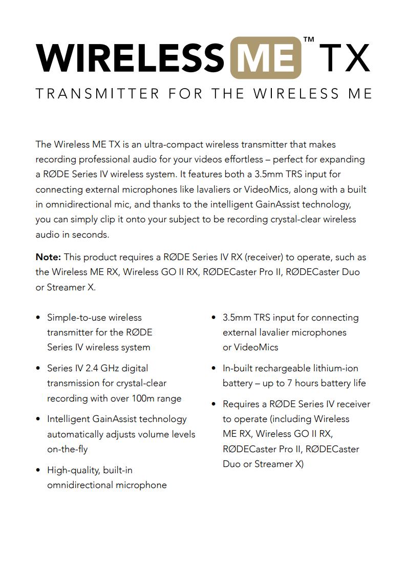 A large marketing image providing additional information about the product Rode Wireless Me - Stand-alone Wireless Me transmitter unit - Additional alt info not provided