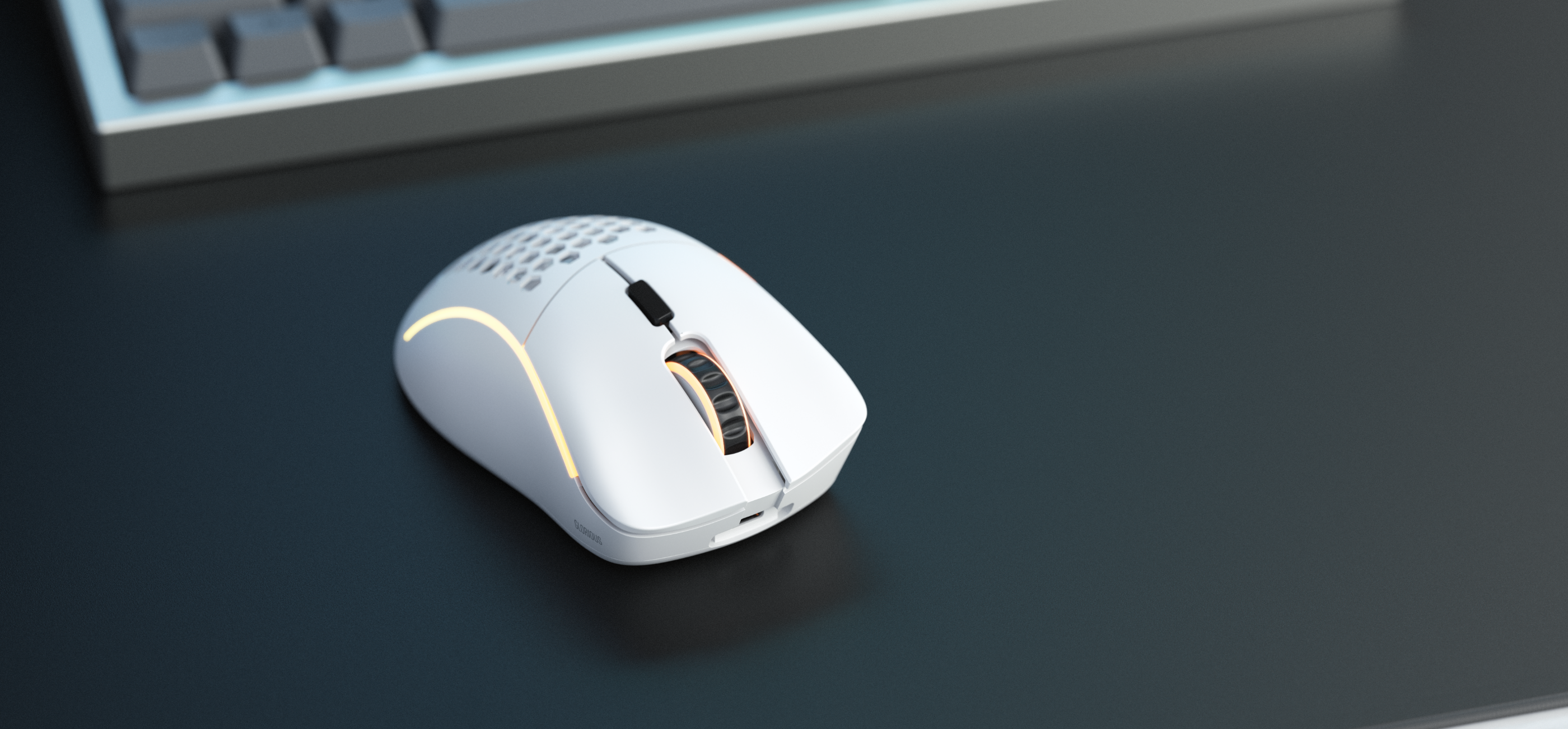 A large marketing image providing additional information about the product Glorious Model D Minus Ergonomic Wireless Gaming Mouse - Matte White - Additional alt info not provided