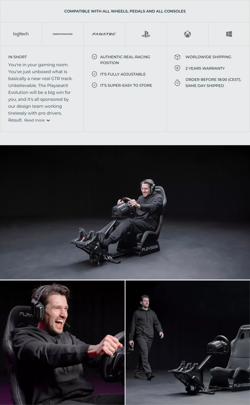 A large marketing image providing additional information about the product Playseat Evolution Driving Simulator - Black ActiFit - Additional alt info not provided