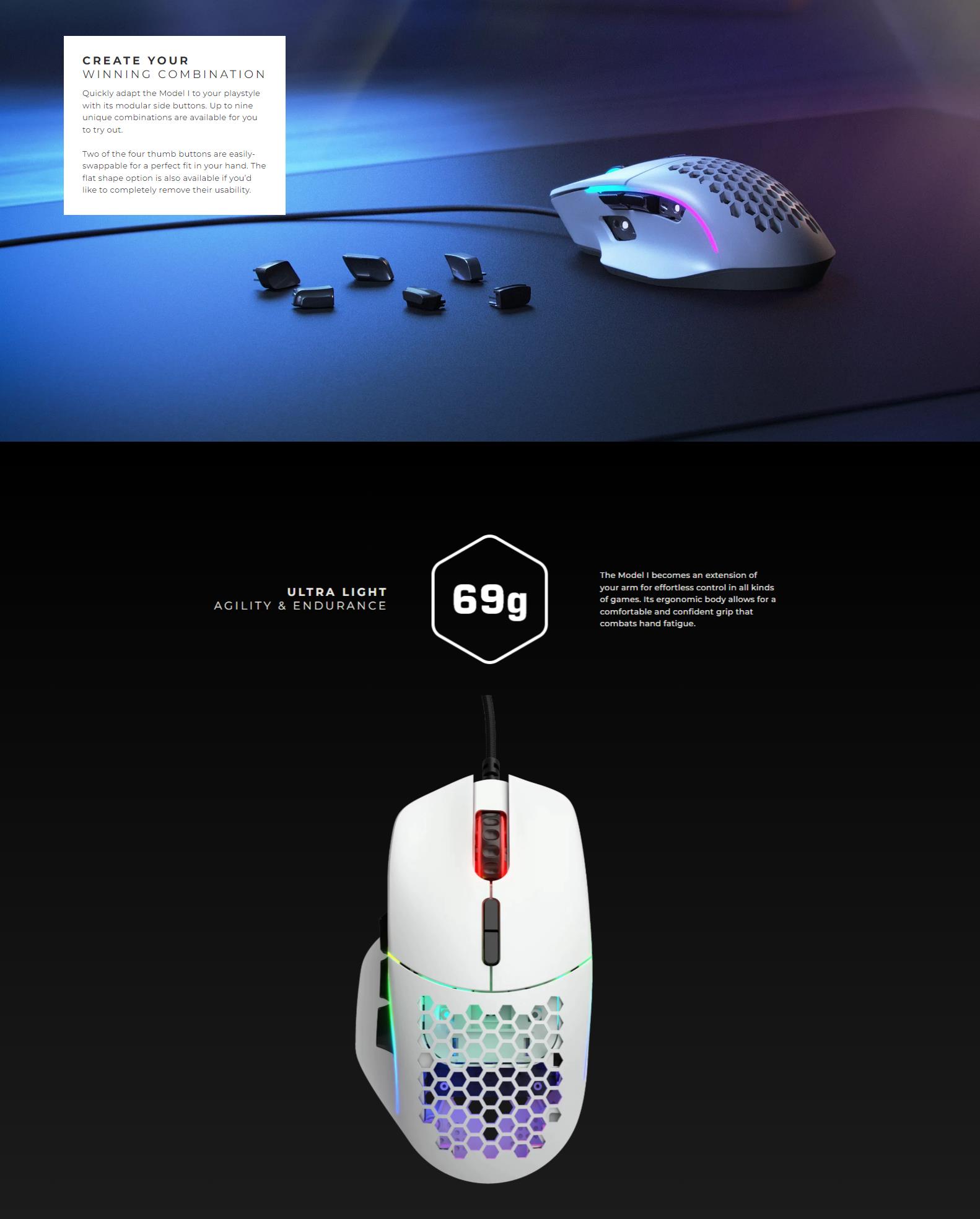 A large marketing image providing additional information about the product Glorious Model I Wired Gaming MMO Mouse - Matte White - Additional alt info not provided