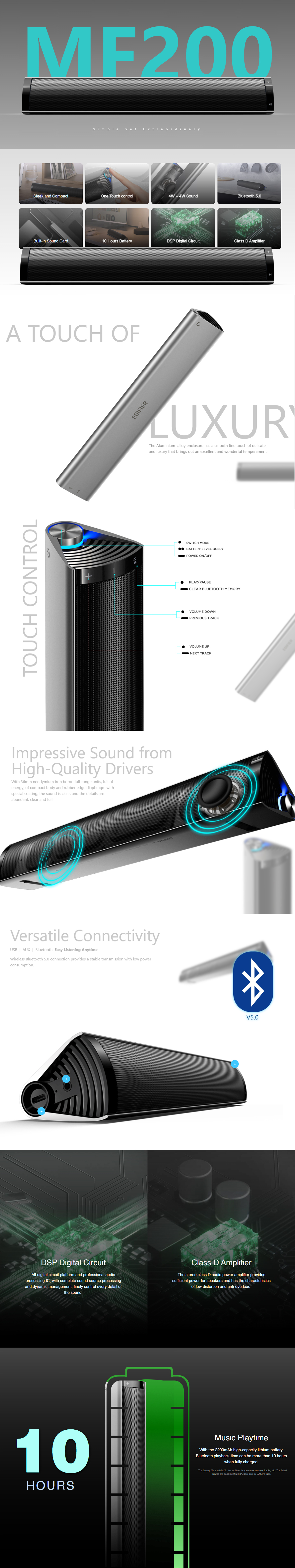 A large marketing image providing additional information about the product Edifier MF200 - Portable Bluetooth Speaker (Silver) - Additional alt info not provided