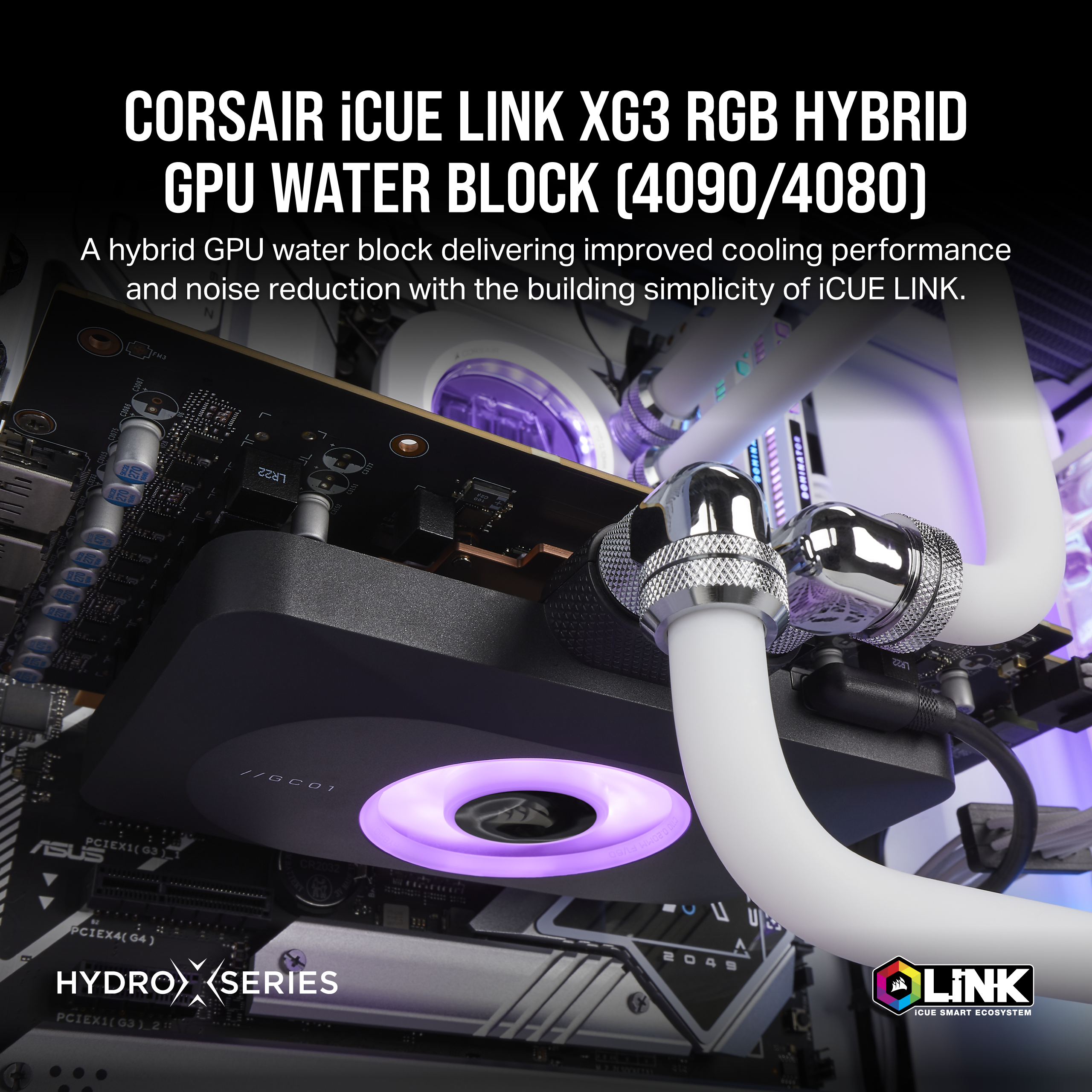 A large marketing image providing additional information about the product Corsair iCUE LINK XG3 RGB Hybrid GPU Water Block (4090 / 4080) - Additional alt info not provided