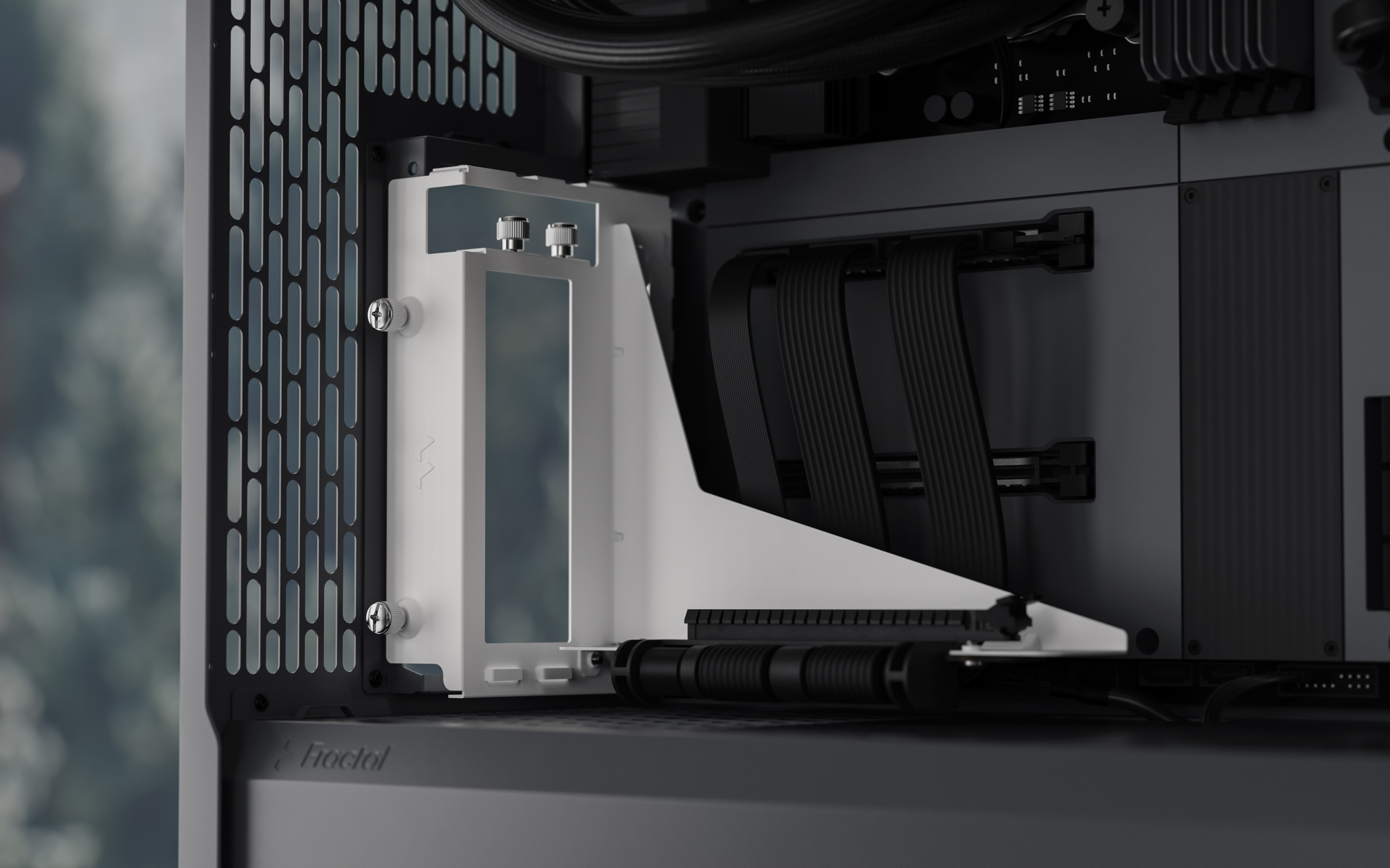 A large marketing image providing additional information about the product Fractal Design Flex 2 PCIe 4.0 x16 Vertical GPU Riser with Bracket - White - Additional alt info not provided
