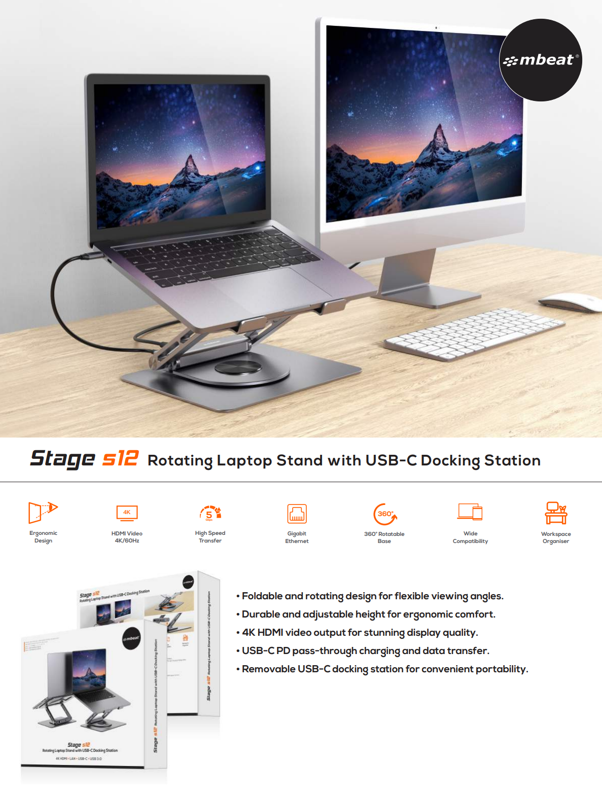 A large marketing image providing additional information about the product mBeat Stage S12 Rotating Laptop Stand with USB-C Docking Station - Additional alt info not provided