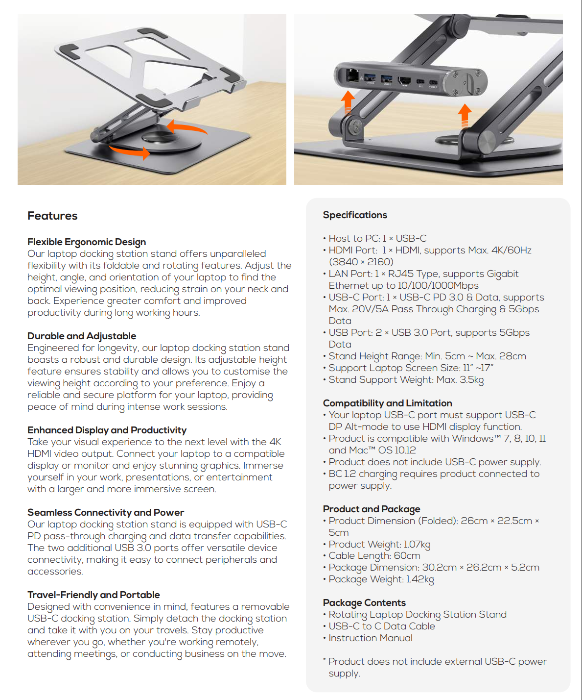 A large marketing image providing additional information about the product mBeat Stage S12 Rotating Laptop Stand with USB-C Docking Station - Additional alt info not provided