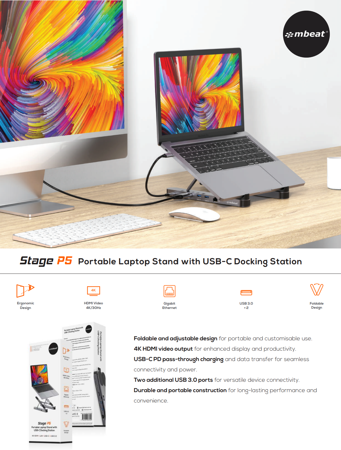 A large marketing image providing additional information about the product mBeat Stage P5 Portable Laptop Stand with USB-C Docking Station - Additional alt info not provided