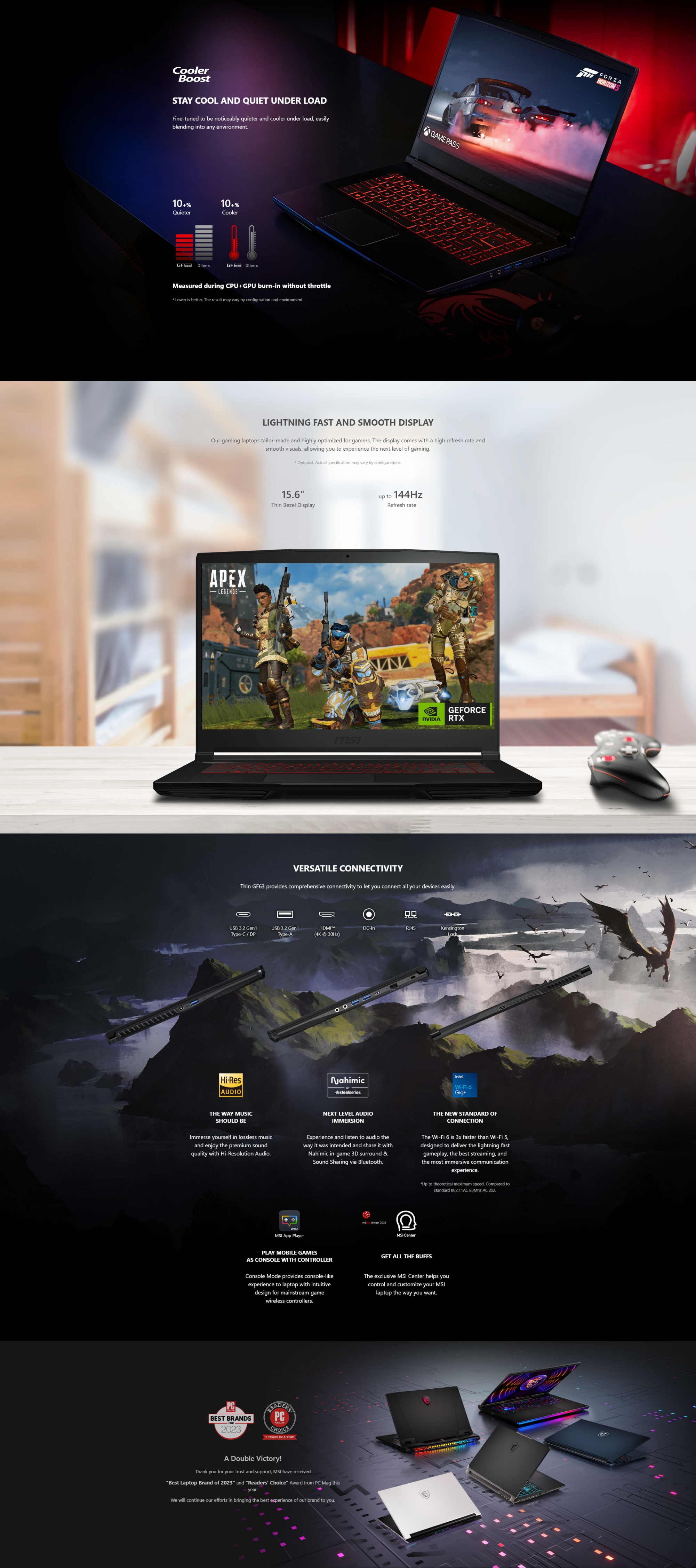 A large marketing image providing additional information about the product MSI Thin GF63 12VF-449AU 15.6" 144Hz 12th Gen i7 12650H RTX 4060 Win 11 Gaming Notebook - Additional alt info not provided