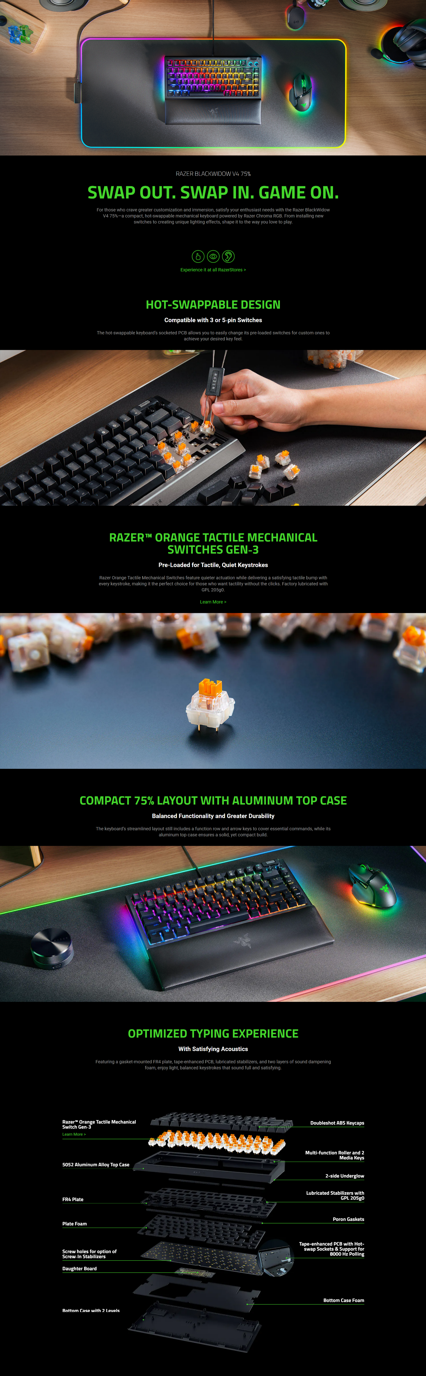 A large marketing image providing additional information about the product Razer BlackWidow V4 75% - Compact Mechanical Gaming Keyboard (Black) - Additional alt info not provided