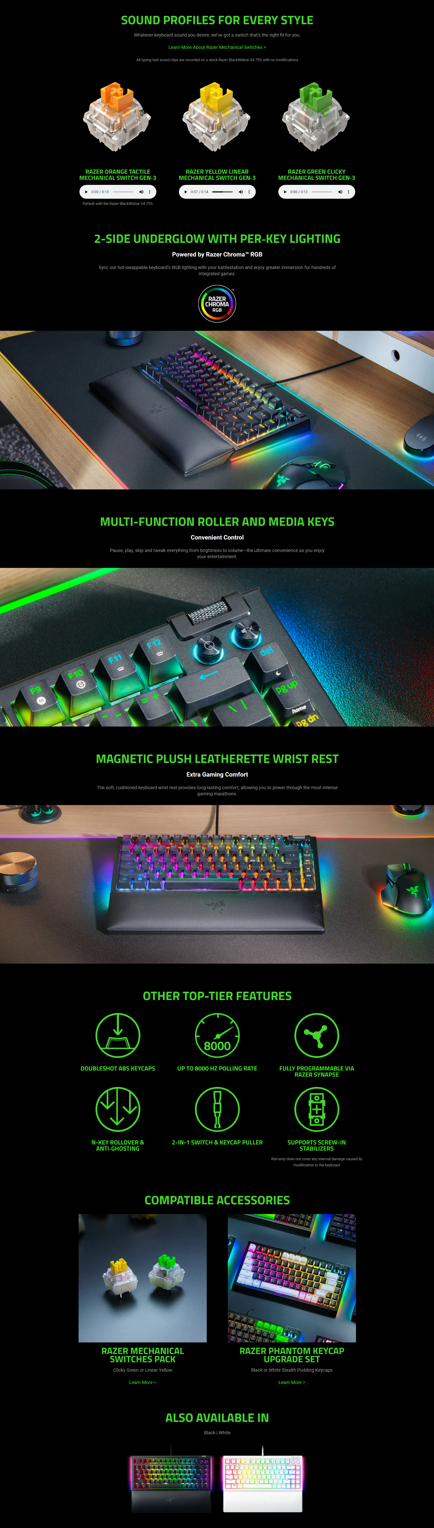 A large marketing image providing additional information about the product Razer BlackWidow V4 75% - Compact Mechanical Gaming Keyboard (Black) - Additional alt info not provided