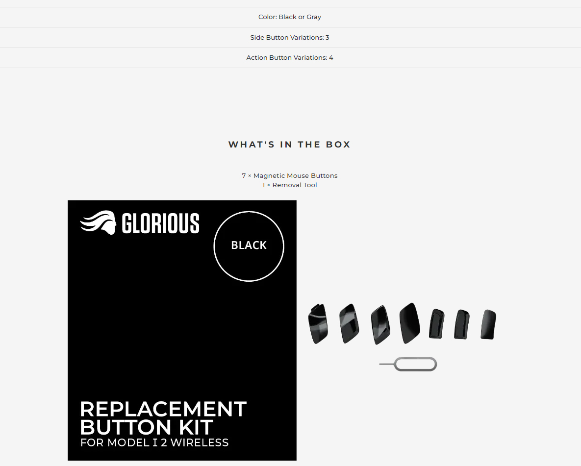 A large marketing image providing additional information about the product Glorious Model I 2 Wireless Replacement Button Kit - Black - Additional alt info not provided