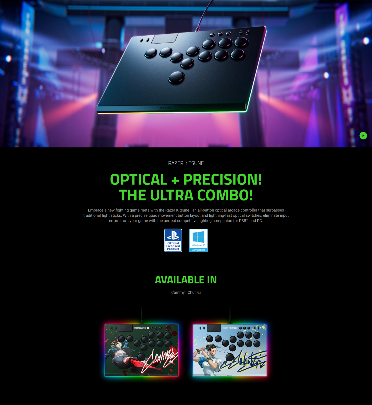 A large marketing image providing additional information about the product Razer Kitsune - All-Button Optical Arcade Controller for PS5 and PC (SF6 Chun-Li Edition) - Additional alt info not provided
