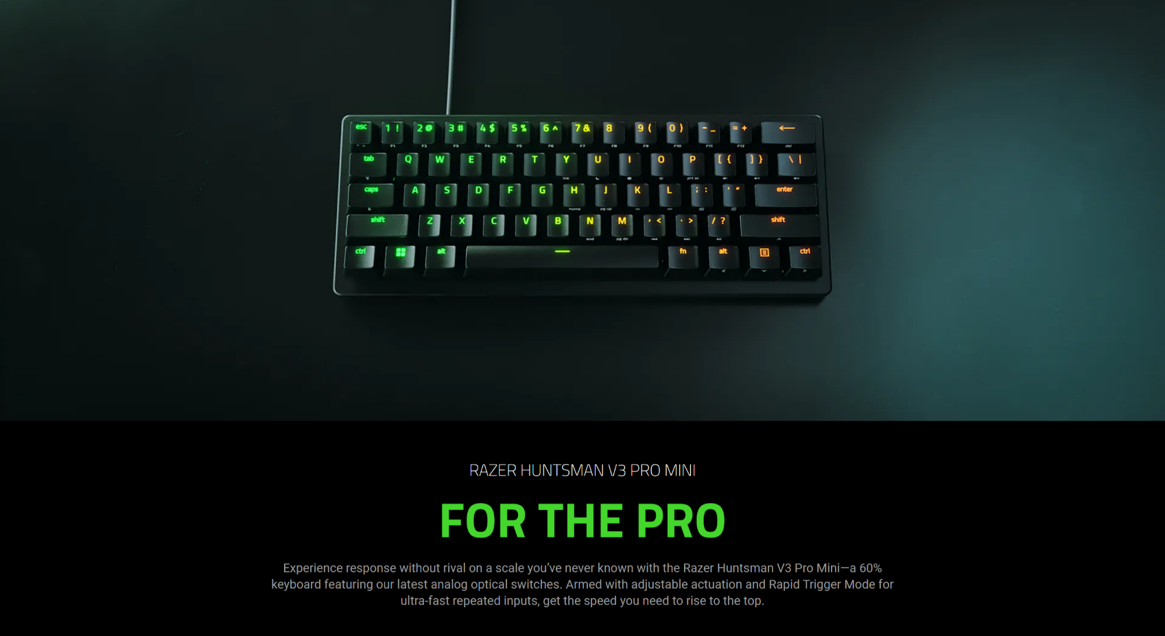 A large marketing image providing additional information about the product Razer Huntsman V3 Pro Mini - 60% Analog Optical eSports Keyboard (Black) - Additional alt info not provided