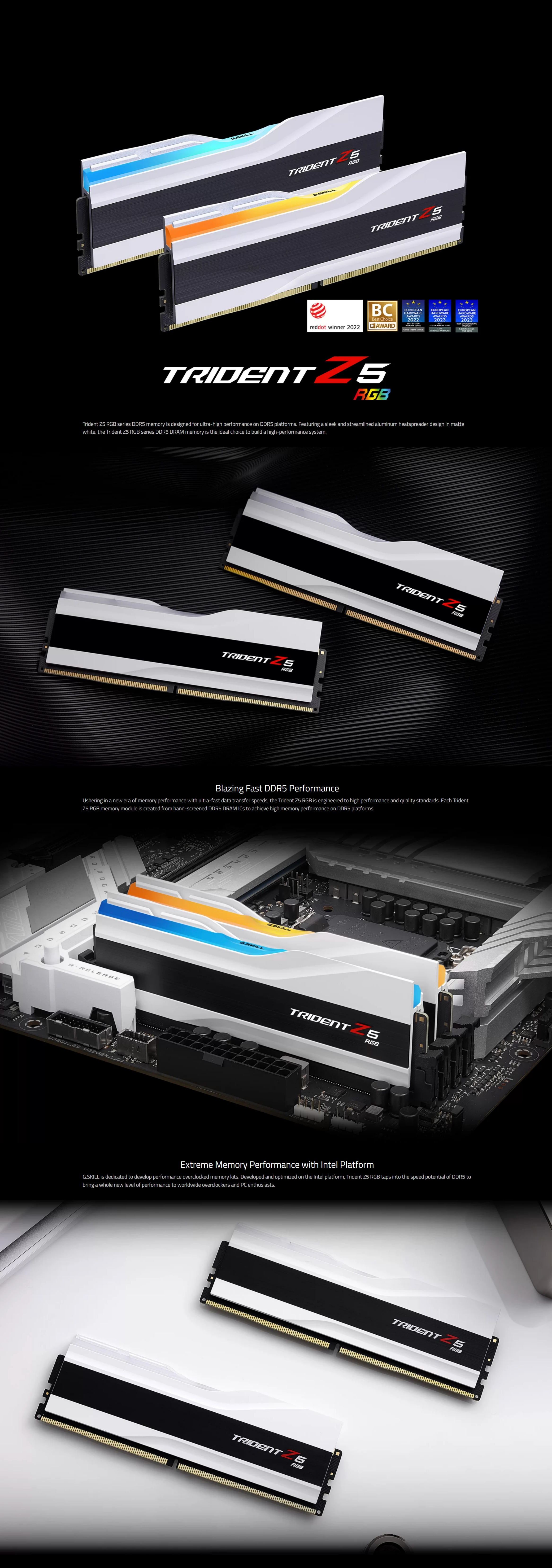 A large marketing image providing additional information about the product G.Skill 48GB Kit (2x 24GB) DDR5 Trident Z5 RGB CL40 8400MHz- Silver - Additional alt info not provided