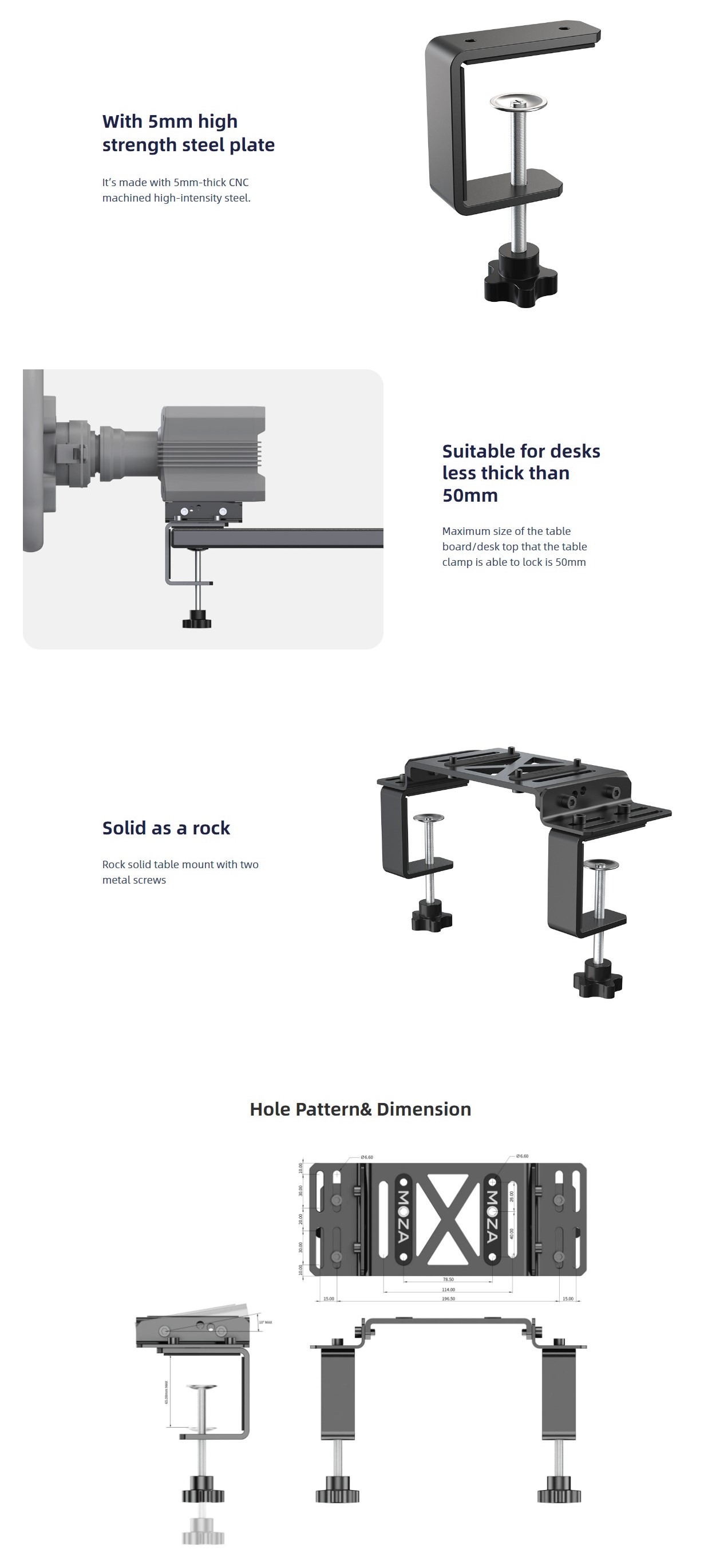 A large marketing image providing additional information about the product MOZA Table Clamp - Additional alt info not provided