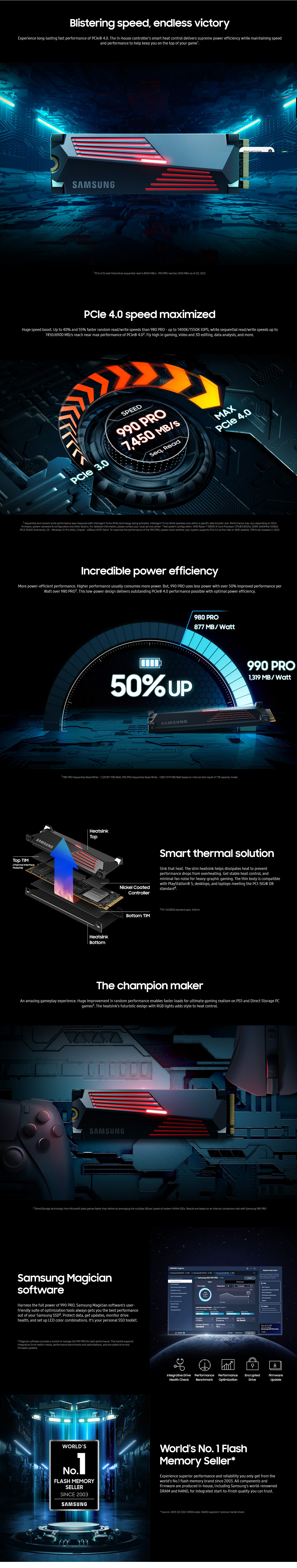 A large marketing image providing additional information about the product Samsung 990 Pro w/ Heatsink PCIe Gen4 NVMe M.2 SSD - 4TB - Additional alt info not provided