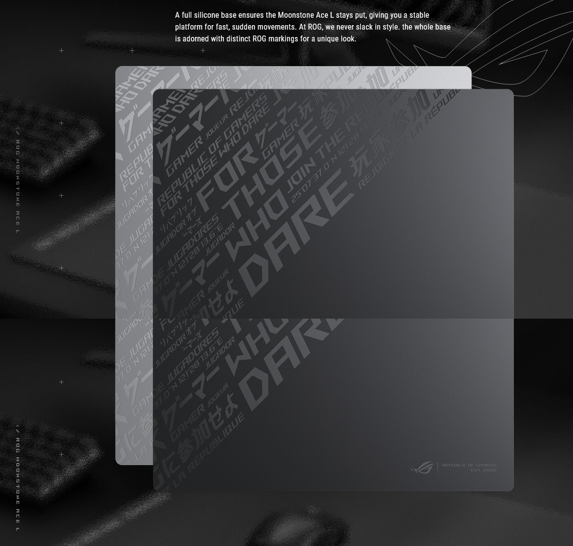 A large marketing image providing additional information about the product ASUS ROG Moonstone Ace Large Gaming Mousemat - Black - Additional alt info not provided