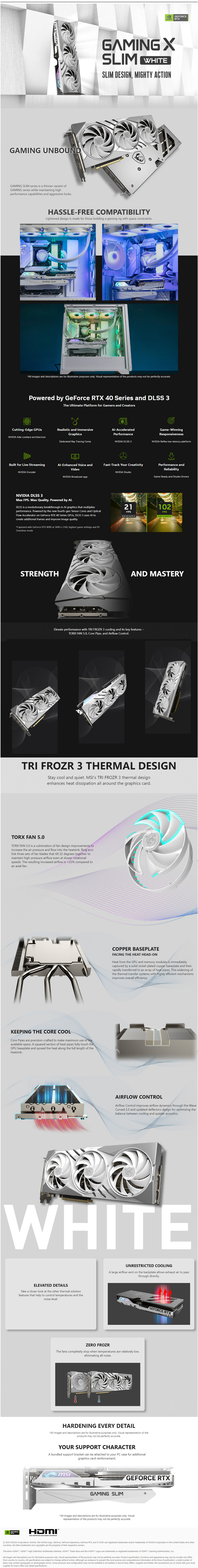 A large marketing image providing additional information about the product MSI GeForce RTX 4060 Ti Gaming X Slim 8GB GDDR6 - White - Additional alt info not provided