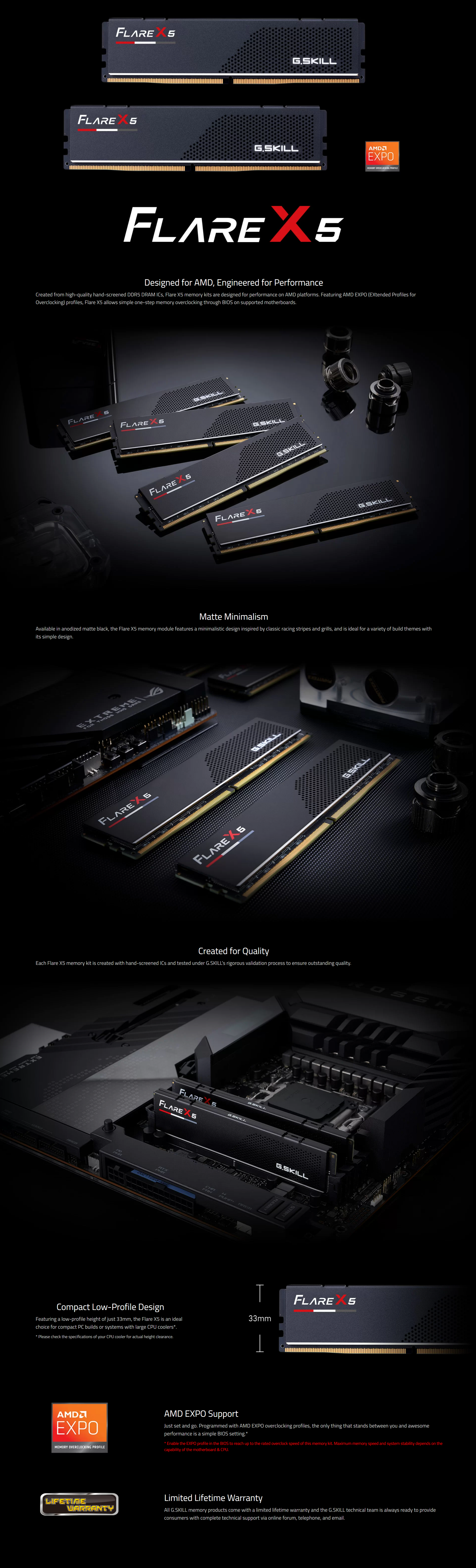 A large marketing image providing additional information about the product G.Skill 32GB Kit (2x16GB) DDR5 FlareX5 AMD EXPO C36 6000MHz - Black - Additional alt info not provided
