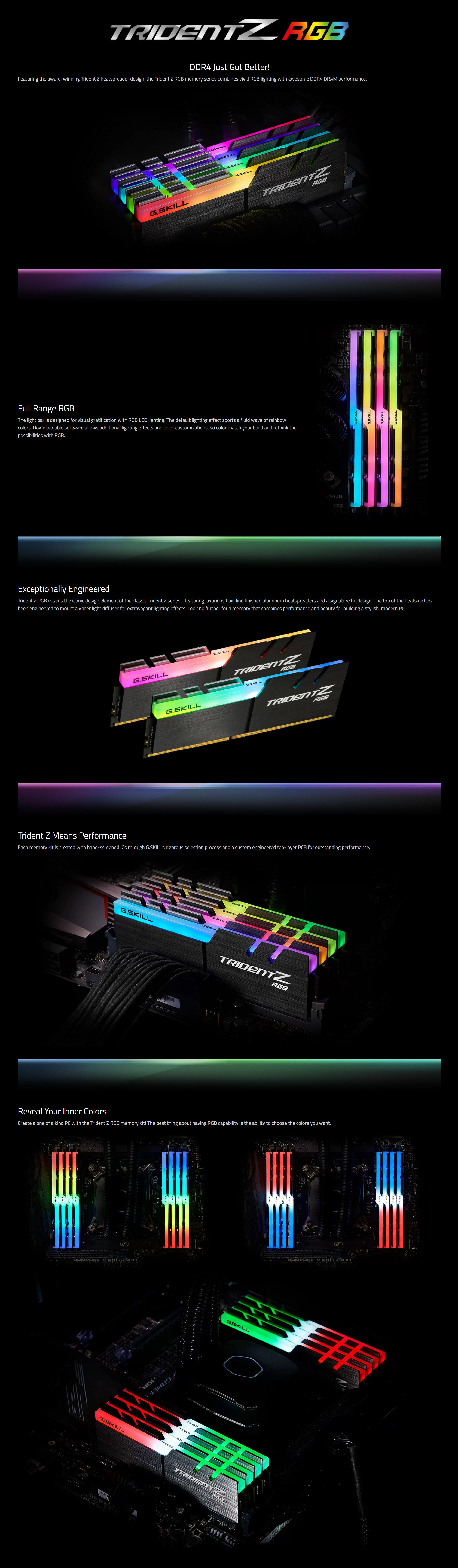 A large marketing image providing additional information about the product G.Skill 16GB Kit (2x8GB) DDR4 Trident Z RGB C18 4000MHz - Black - Additional alt info not provided