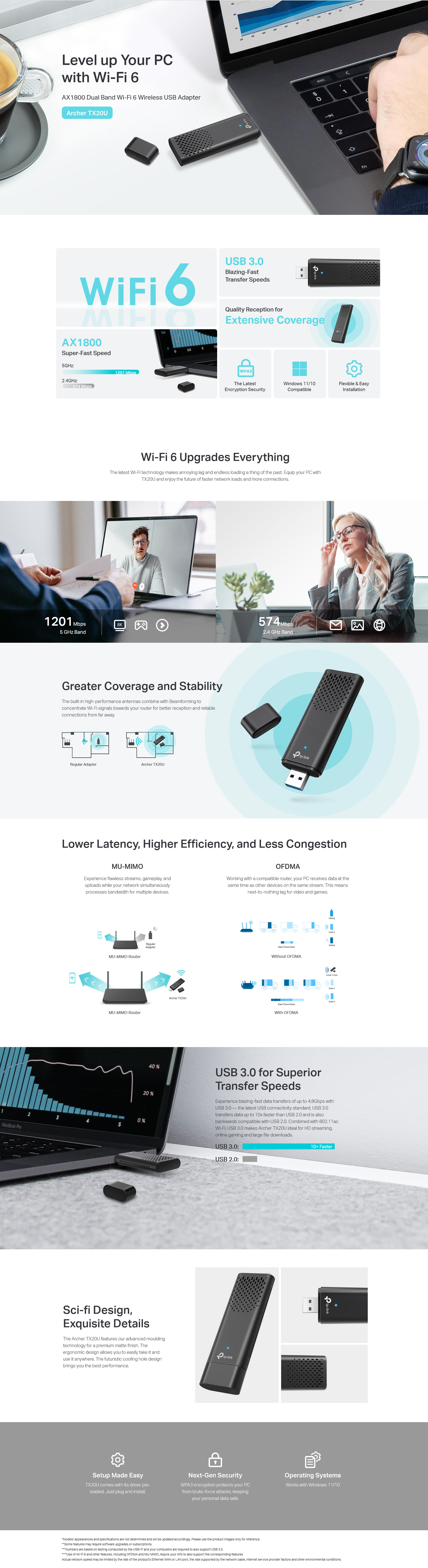 A large marketing image providing additional information about the product TP-Link Archer TX20U - AX1800 Dual-Band Wi-Fi 6 USB Adapter - Additional alt info not provided