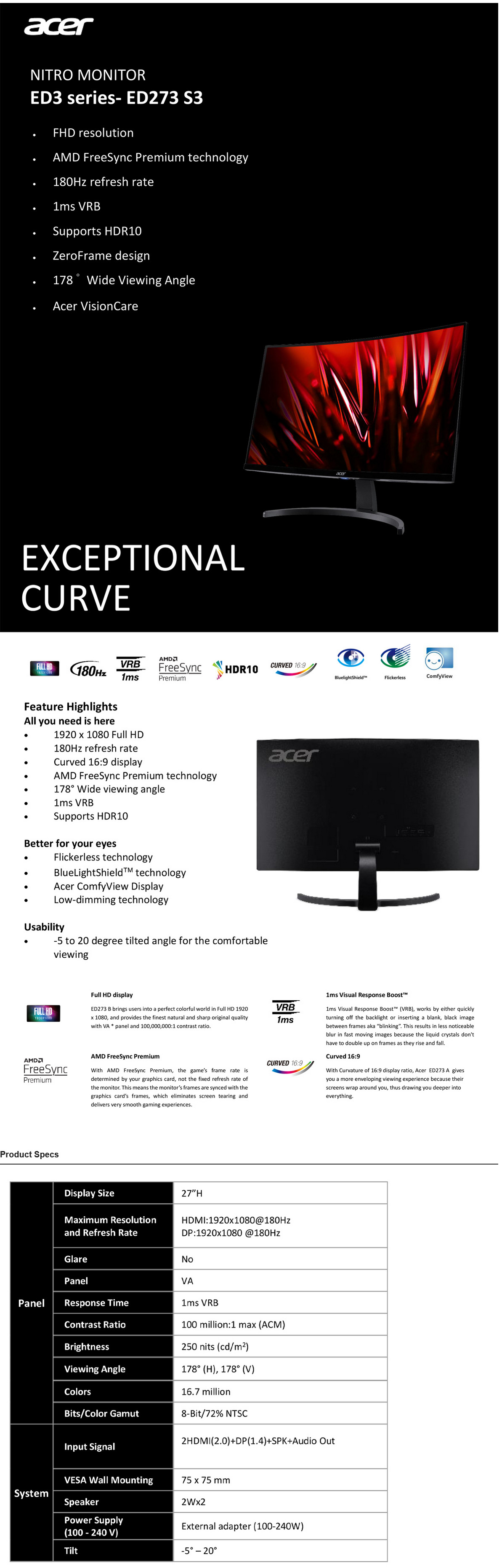 A large marketing image providing additional information about the product Acer Nitro ED273S3 - 27" Curved FHD 180Hz VA Monitor - Additional alt info not provided