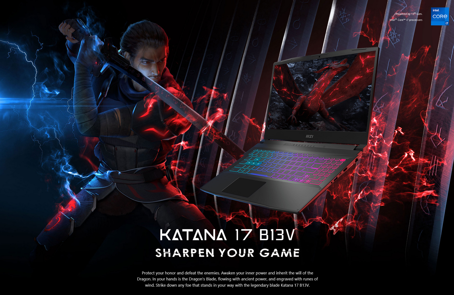 A large marketing image providing additional information about the product MSI Katana 17 B13VEK-624AU 17.3" 144Hz 13th Gen i5 13420H RTX 4050 Win 11 Gaming Notebook - Additional alt info not provided