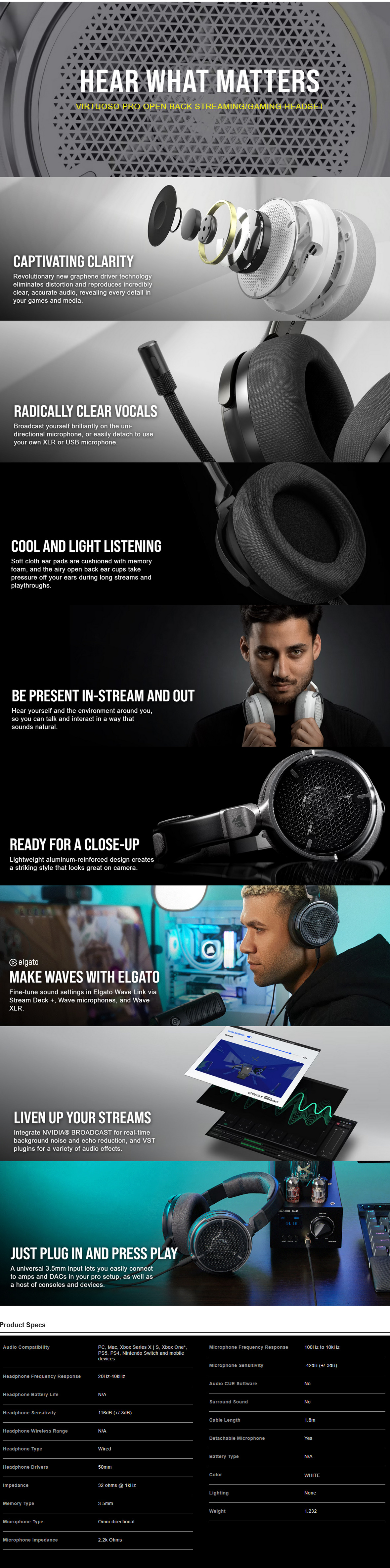 A large marketing image providing additional information about the product Corsair VIRTUOSO PRO Open Back Gaming Headset - White - Additional alt info not provided