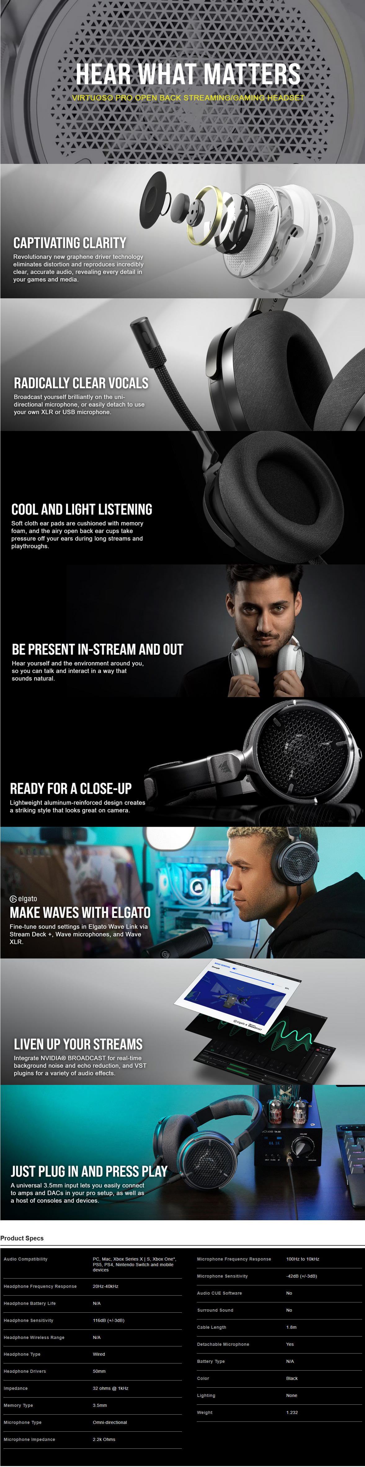 A large marketing image providing additional information about the product Corsair VIRTUOSO PRO Open Back Gaming Headset - Carbon - Additional alt info not provided