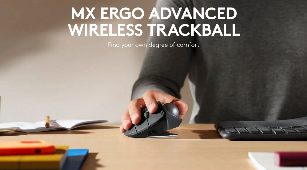 A large marketing image providing additional information about the product Logitech MX Ergo Advanced Wireless Trackball with Tilt Plate - Additional alt info not provided