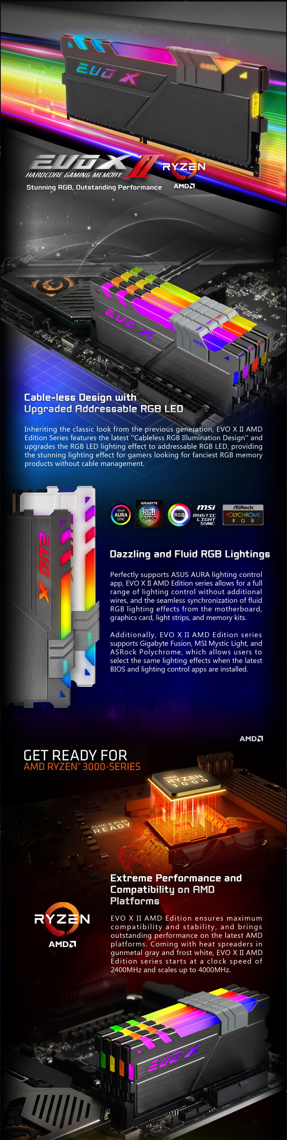 A large marketing image providing additional information about the product GeIL 16GB Kit (2x8GB) DDR4 EVO X II Addressable RGB AMD Edition C18 3600MHz - Additional alt info not provided