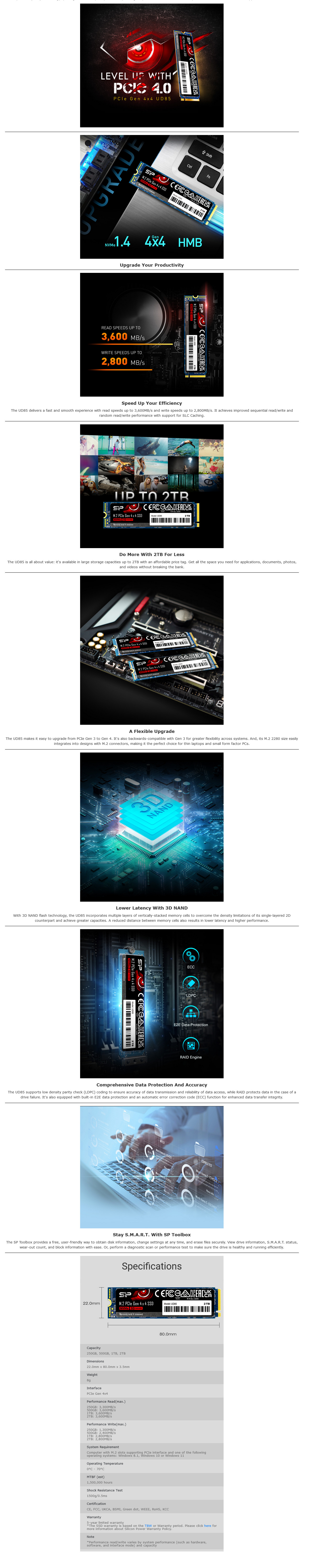 A large marketing image providing additional information about the product Silicon Power UD85 PCIe 4.0 NVMe M.2 SSD - 1TB - Additional alt info not provided